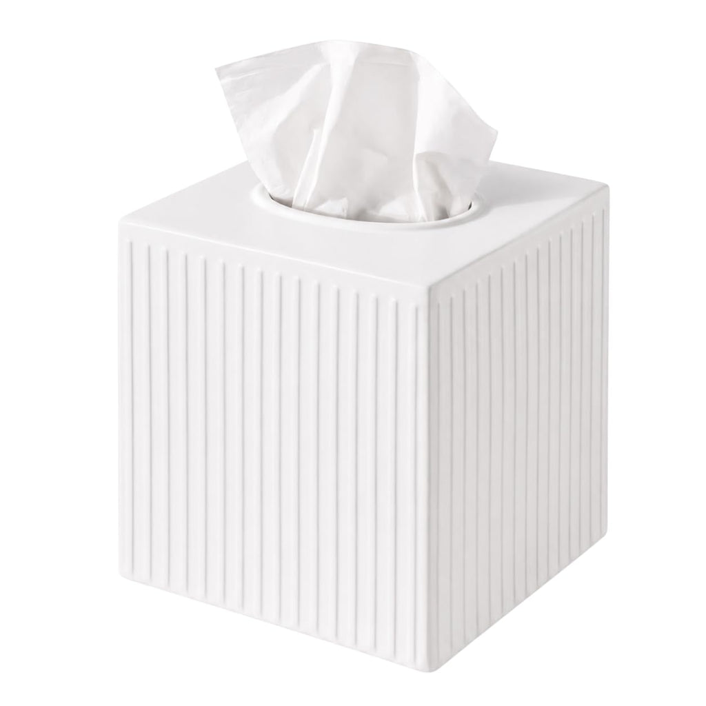 Monarch Abode Tissue Box Cover Square – Handcrafted Ridge Embossed White Metal Tissue Holder Box for Bathroom Accessory, Aesthetic Decorative Facial Napkin Cube for Modern Home Decor