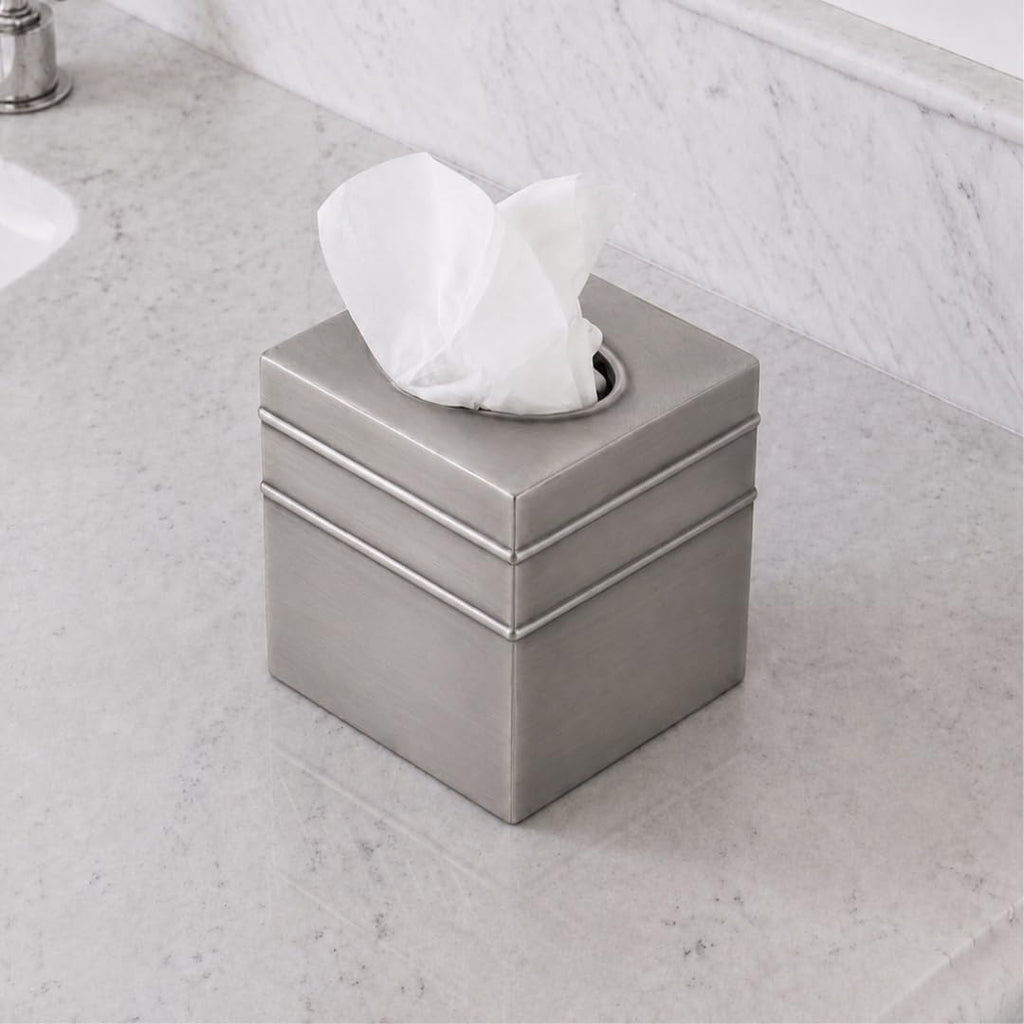 Monarch Abode Tissue Box Cover Square – Handcrafted Border Embossed Pewter Metal Tissue Holder Box for Bathroom Accessory, Aesthetic Decorative Facial Napkin Cube for Modern Home Decor