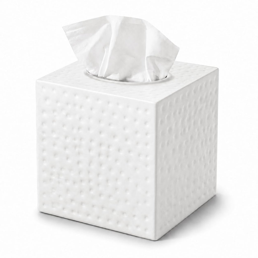 Monarch Abode Tissue Box Cover Square – Hand Hammered White Metal Tissue Holder Box for Bathroom Accessory, Aesthetic Decorative Facial Napkin Cube for Modern Home Decor