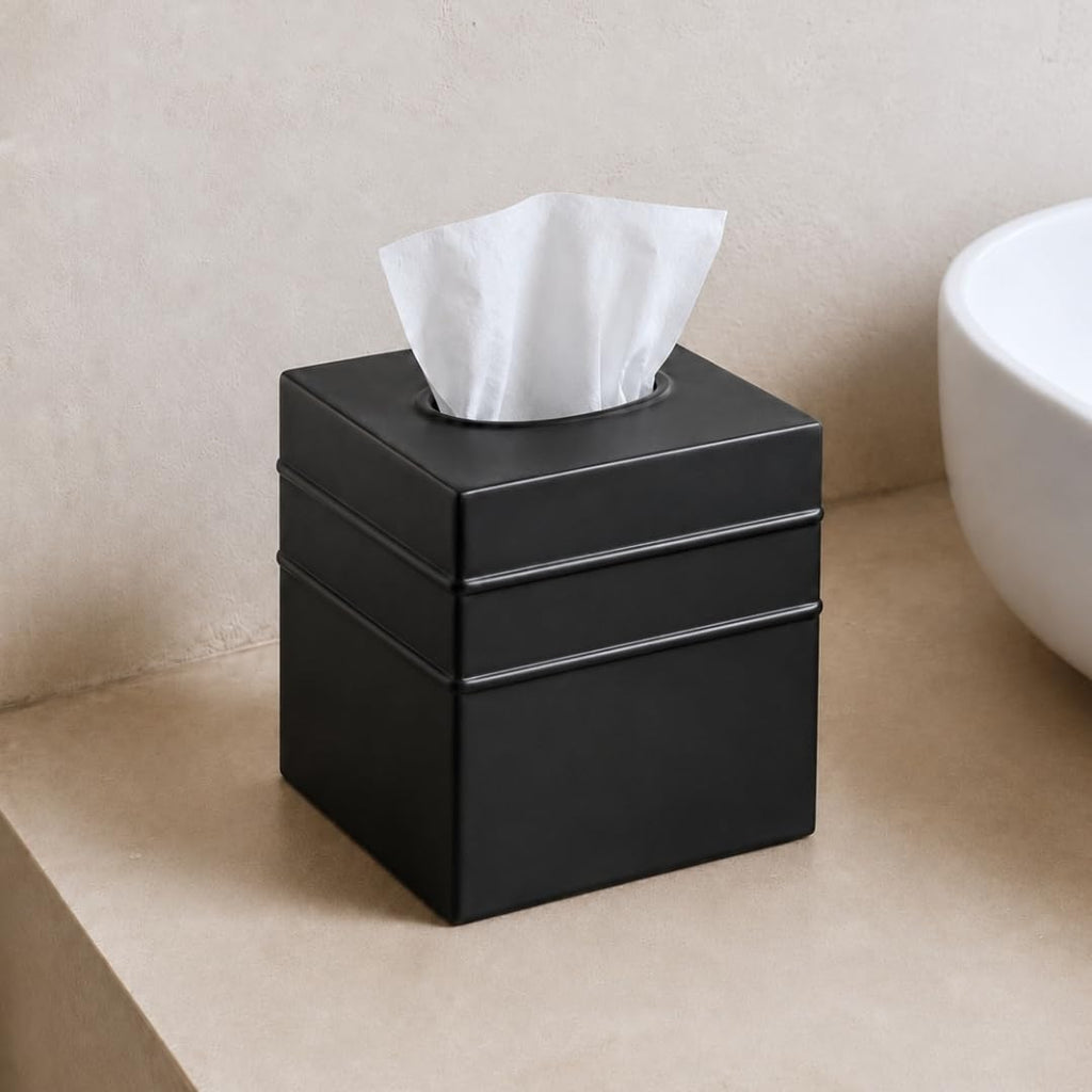 Monarch Abode Tissue Box Cover Square – Handcrafted Border Embossed Black Metal Tissue Holder Box for Bathroom Accessory, Aesthetic Decorative Facial Napkin Cube for Modern Home Decor