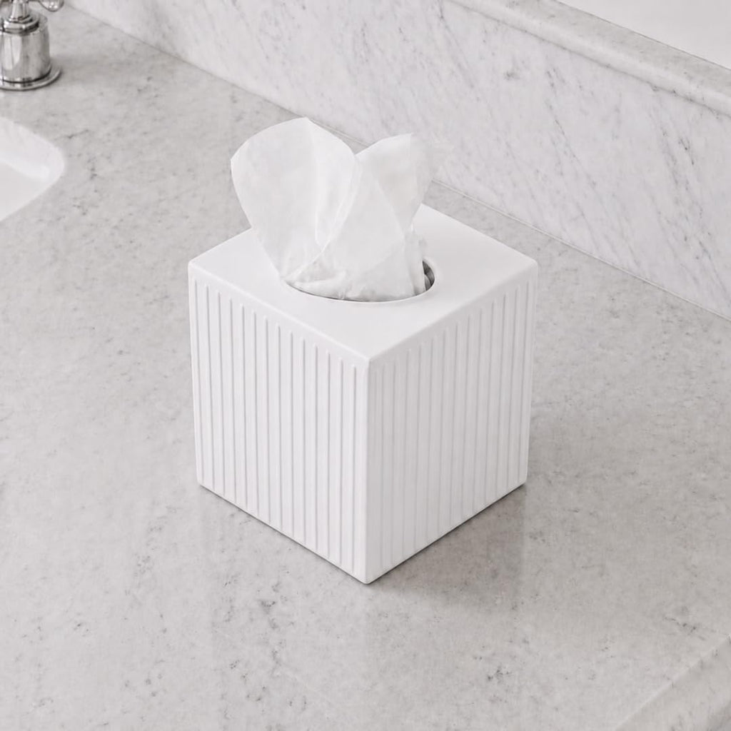 Monarch Abode Tissue Box Cover Square – Handcrafted Ridge Embossed White Metal Tissue Holder Box for Bathroom Accessory, Aesthetic Decorative Facial Napkin Cube for Modern Home Decor