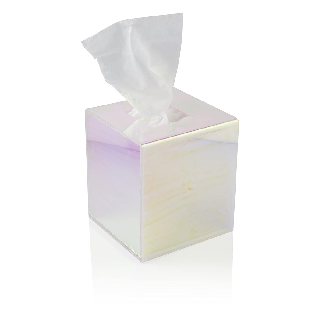 Acrylic Tissue Box Holder, Clear Dispenser for Facial Tissues, Napkins, and Dryer Sheets. Perfect for Bathrooms, Desks, Countertops, Vanities, Bedrooms, and Nightstands (Square, Iridescent)