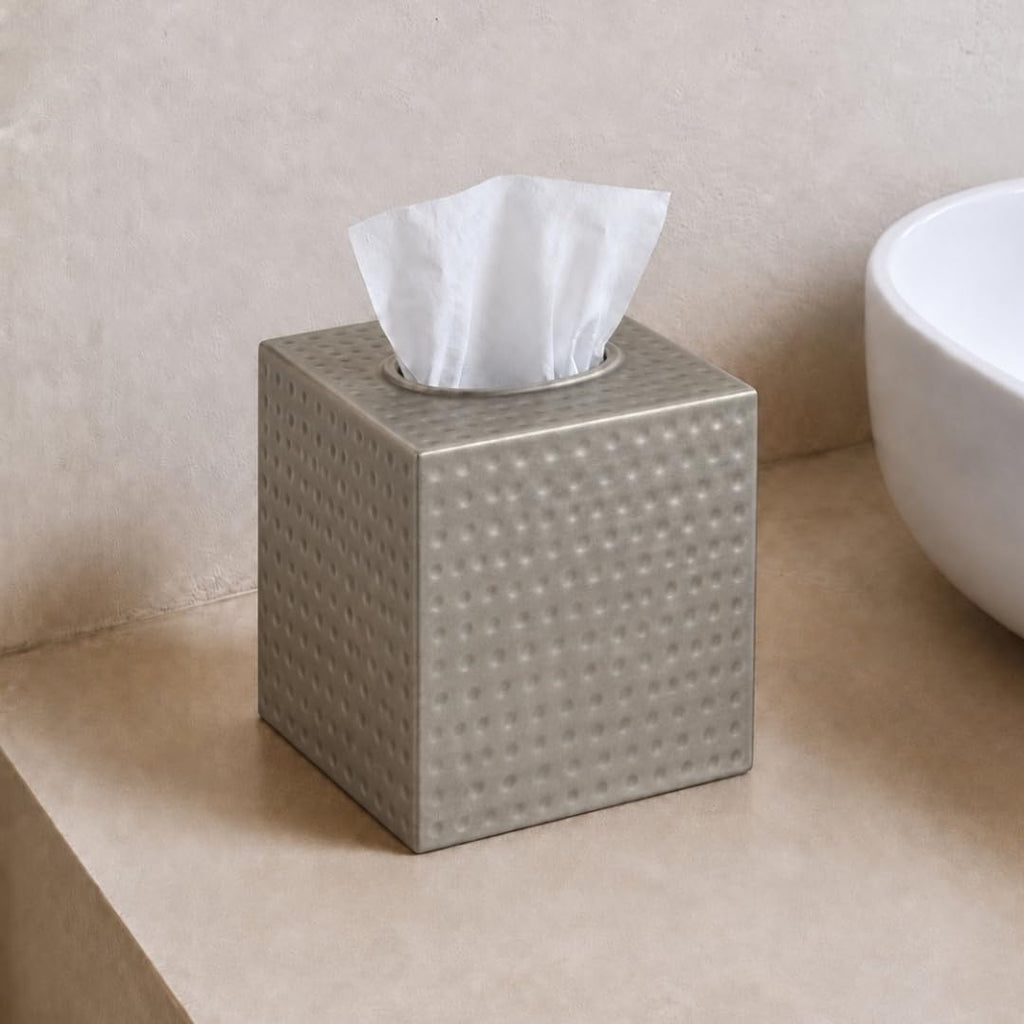Monarch Abode Tissue Box Cover Square – Hand Hammered Pewter Metal Tissue Holder Box for Bathroom Accessory, Aesthetic Decorative Facial Napkin Cube for Modern Home Decor