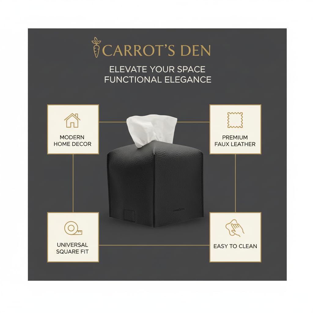 Carrot’s Den PU Leather Tissue Box Cover Holder, Bathroom Decor, Black