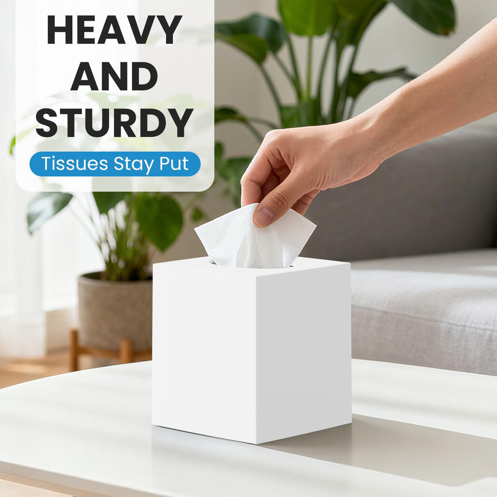 2 Pack Tissue Box Cover, Square Plastic Tissue Holder Non-Slip Base, White