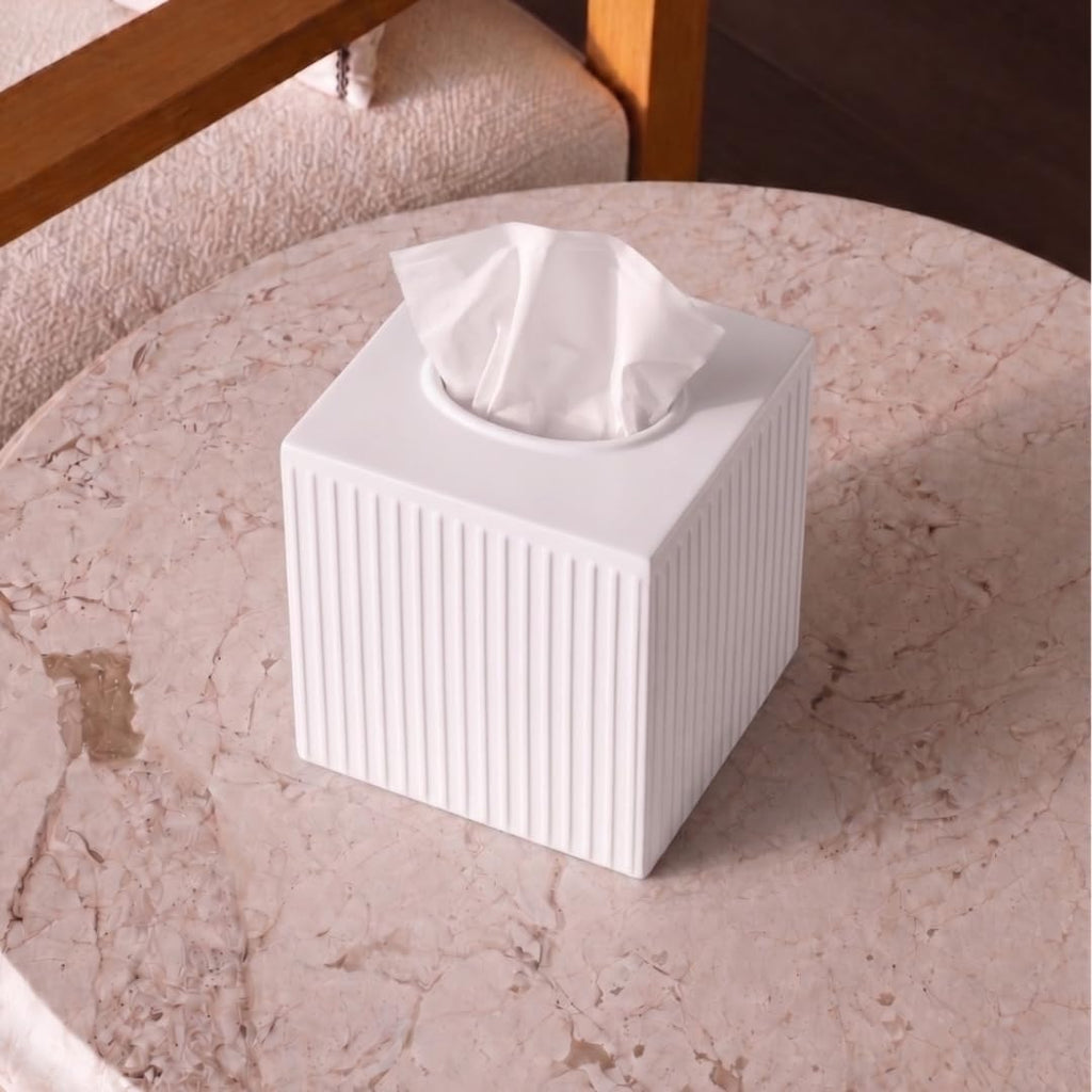 Monarch Abode Tissue Box Cover Square – Handcrafted Ridge Embossed White Metal Tissue Holder Box for Bathroom Accessory, Aesthetic Decorative Facial Napkin Cube for Modern Home Decor