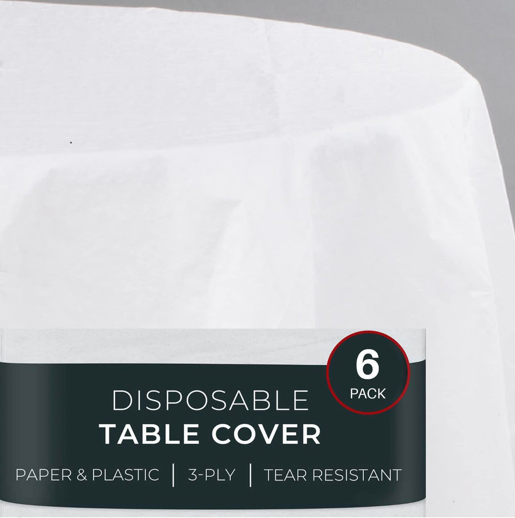 HOUZZKINGZ USA Paper Tablecloths for Round Tables | 82'' - 6 Pack | White Paper Disposable Tablecloth | 3-Ply Premium Paper & Plastic Table Cloths for Parties Disposable, (WPPRTC-6)