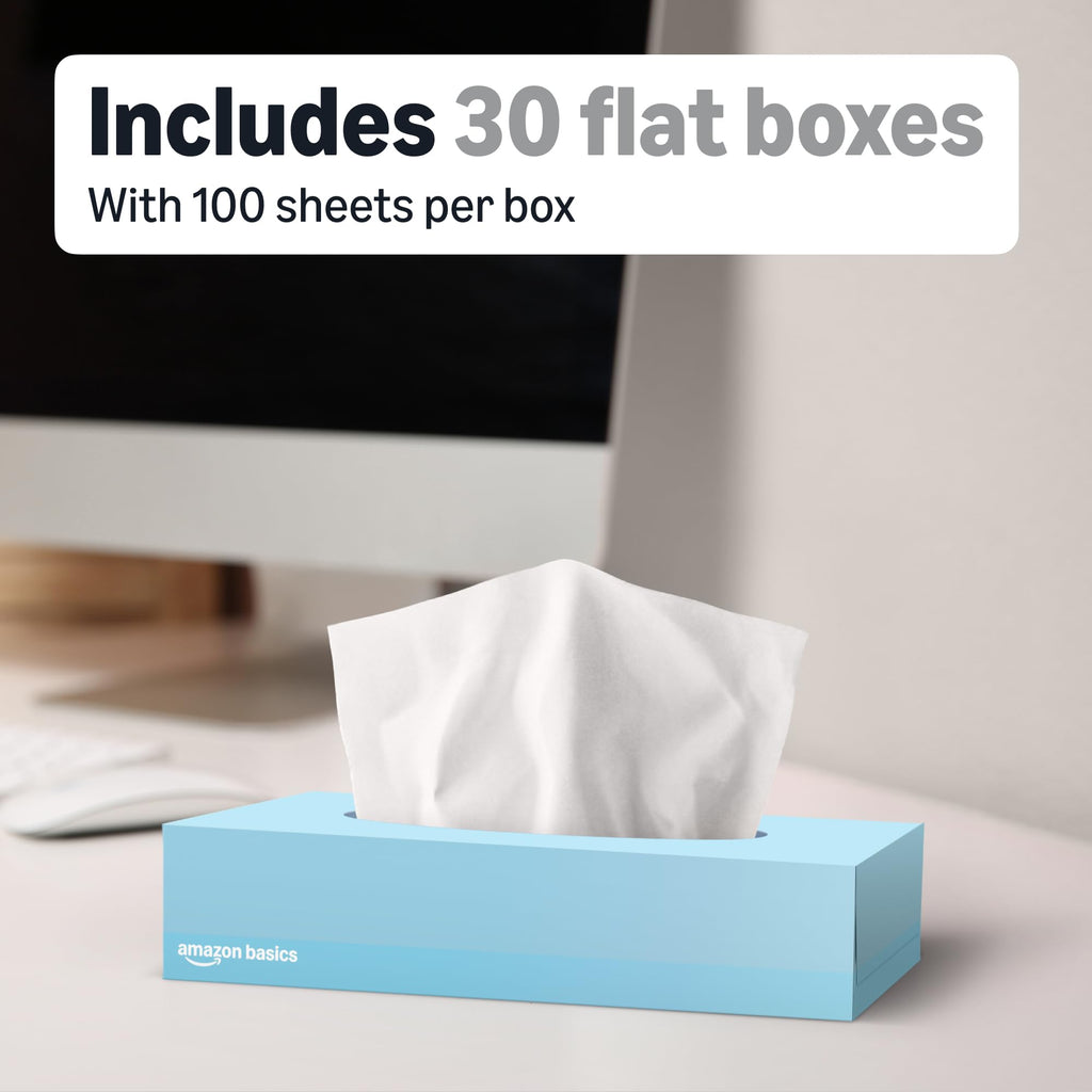 AmazonCommercial 2-Ply White Facial Tissue, Flat Box, FSC Certified, Unscented, 3000 Count (30 Packs of 100), 8 x 8 Sheet