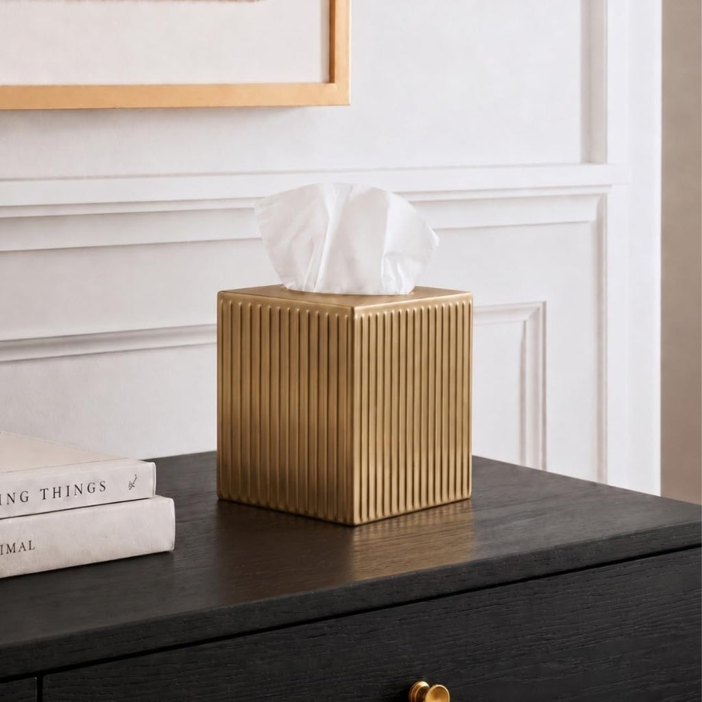 Monarch Abode Tissue Box Cover Square – Handcrafted Ridge Embossed Brushed Gold Metal Tissue Holder Box for Bathroom Accessory, Aesthetic Decorative Facial Napkin Cube for Modern Home Decor