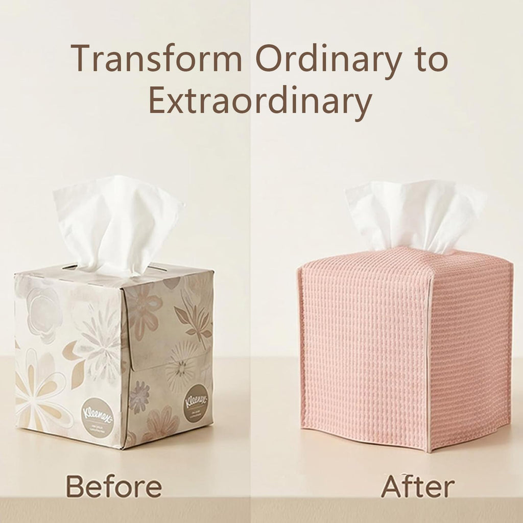 Ricomboo 2 Pack Tissue Box Cover Square, 5x5x5 PU Leather Tissue Boxes Holder, Decor Cube Paper Organizer with Bottom Belt for Bathroom, Home, Night Stands, Office, Kitchen (Coral Pink)