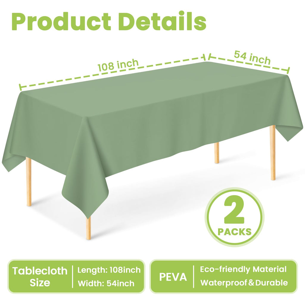 Mulbozy 2 Pcs Sage Green Plastic Table Cloth Disposable, 54 ×108 Inches