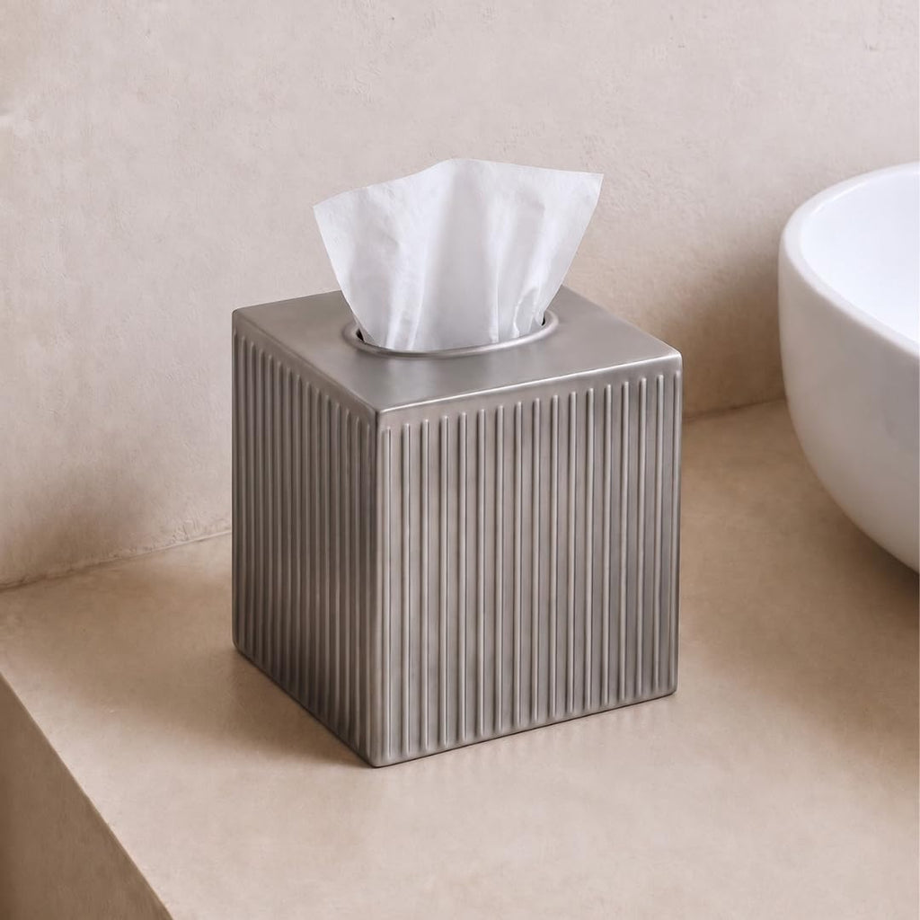 Monarch Abode Tissue Box Cover Square – Handcrafted Ridge Embossed Pewter Metal Tissue Holder Box for Bathroom Accessory, Aesthetic Decorative Facial Napkin Cube for Modern Home Decor