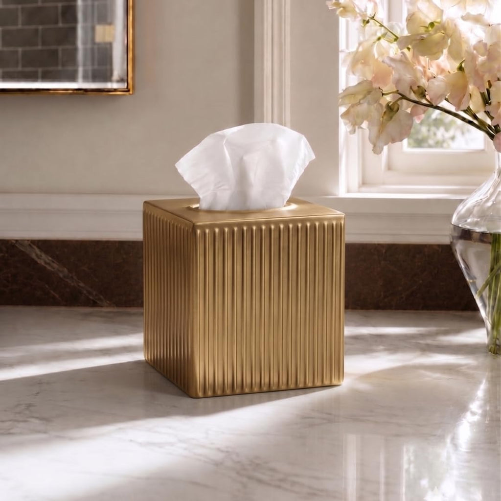 Monarch Abode Tissue Box Cover Square – Handcrafted Ridge Embossed Brushed Gold Metal Tissue Holder Box for Bathroom Accessory, Aesthetic Decorative Facial Napkin Cube for Modern Home Decor
