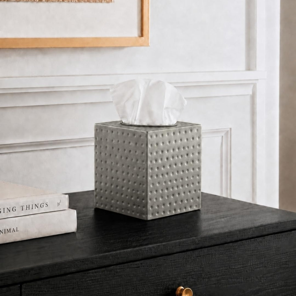 Monarch Abode Tissue Box Cover Square – Hand Hammered Pewter Metal Tissue Holder Box for Bathroom Accessory, Aesthetic Decorative Facial Napkin Cube for Modern Home Decor