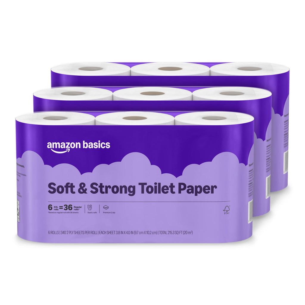 Amazon Basics Soft and Strong 2-Ply Toilet Paper, 18 Ultra Rolls = 72 Regular Rolls, Unscented, 340 Sheet (3 Packs of 6), Packaging May Vary