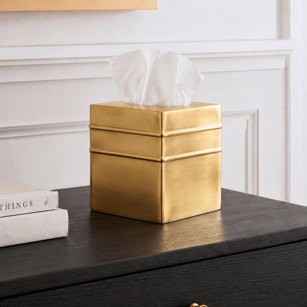 Monarch Abode Tissue Box Cover Square – Handcrafted Border Embossed Brushed Gold Metal Tissue Holder Box for Bathroom Accessory, Aesthetic Decorative Facial Napkin Cube for Modern Home Decor