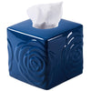 Deep Blue Ceramic Cube Tissue Box Cover with Rose – Large Elegant Rose Floral Square Decorative Tissue Box Holder for Bathroom, Bedroom, Office Desk, Kitchen Counter – Perfect Housewarming Gift