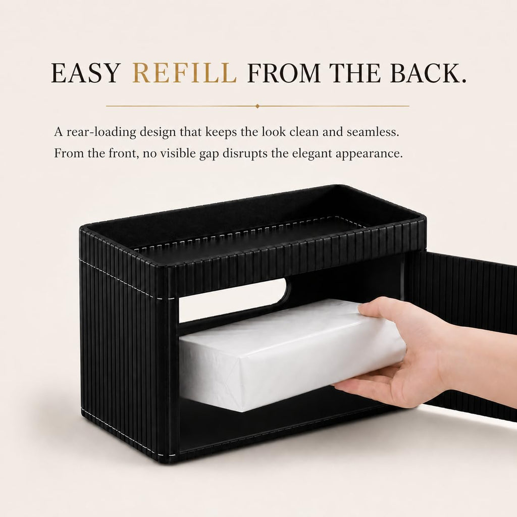 KINGFOM Ribbed PU Leather Tissue Box Cover with Storage Tray, Rectangular Facial Tissue Holder for Bathroom Vanity, Nightstand & Office Desk, Modern Decorative Tissue Dispenser (Matte Black)