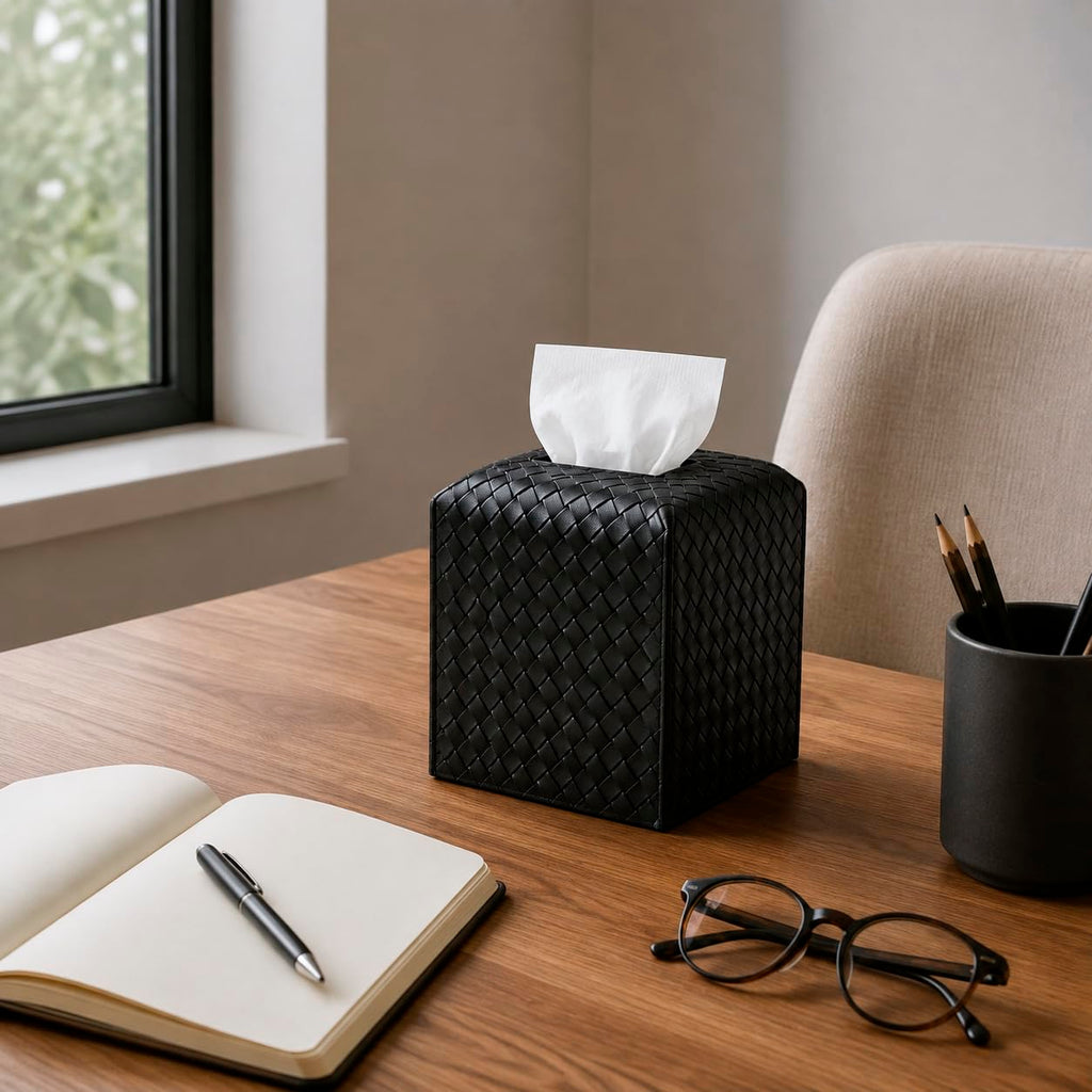 Tissue Box Cover Square Leather Facial Paper Holder, Black