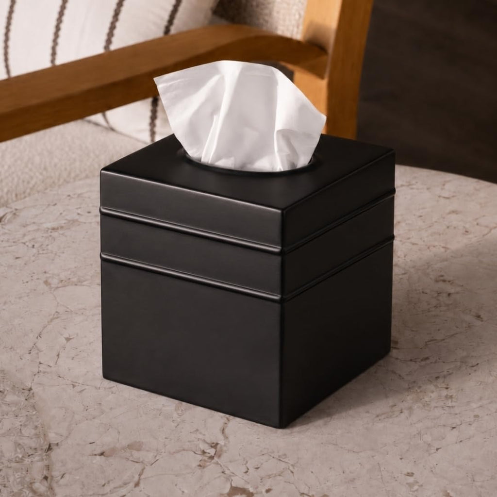 Monarch Abode Tissue Box Cover Square – Handcrafted Border Embossed Black Metal Tissue Holder Box for Bathroom Accessory, Aesthetic Decorative Facial Napkin Cube for Modern Home Decor