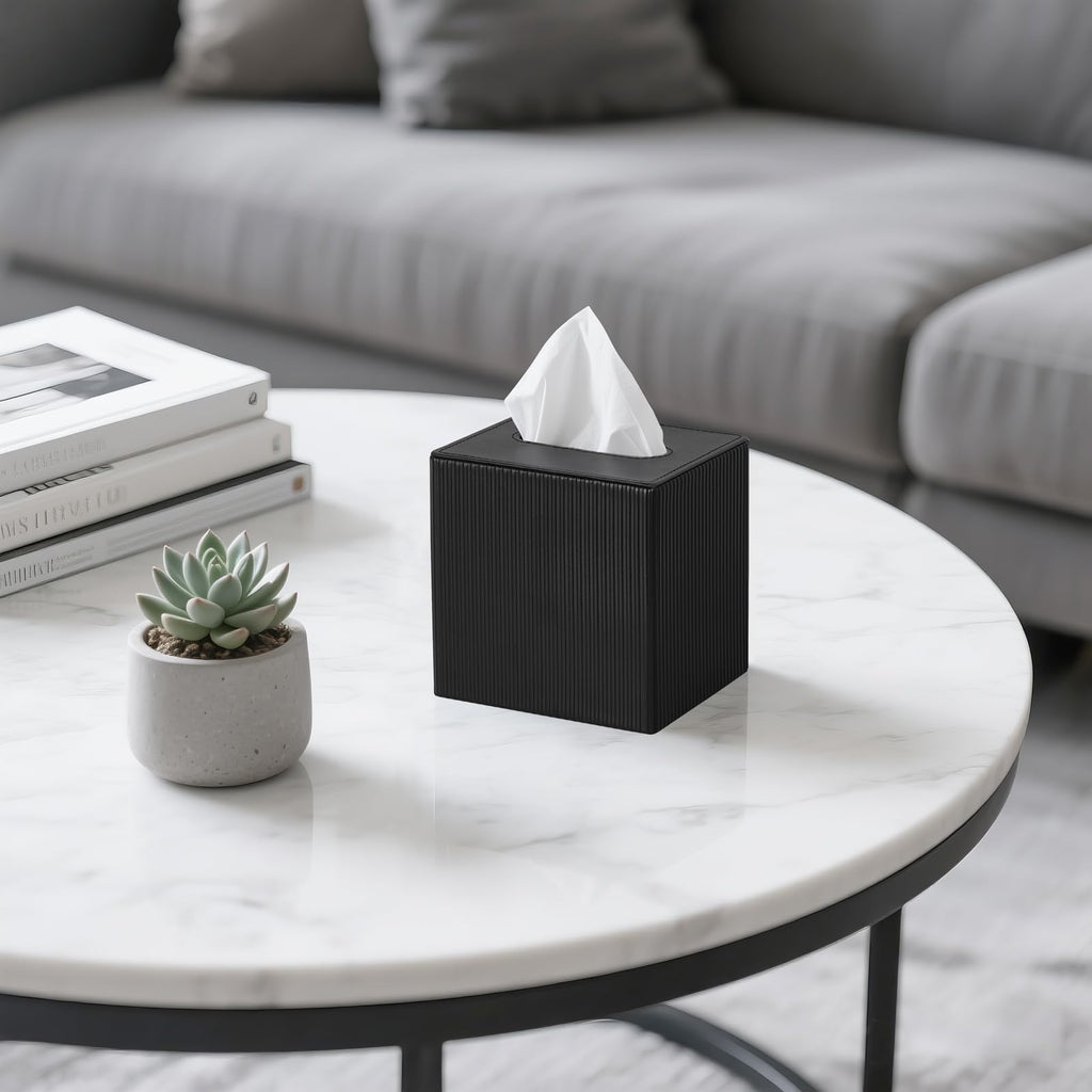 Mkono Tissue Box Cover, PU Leather Square Holder with Bottom, Black