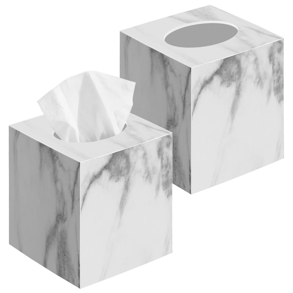 2 Pack Tissue Box Cover, Square Plastic Tissue Holder Non-Slip Base, Marble
