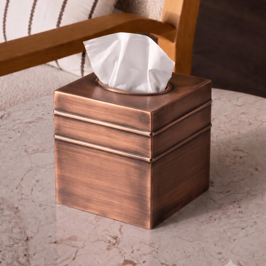 Monarch Abode Tissue Box Cover Square – Handcrafted Border Embossed Antique Copper Metal Tissue Holder Box for Bathroom Accessory, Aesthetic Decorative Facial Napkin Cube for Modern Home Decor