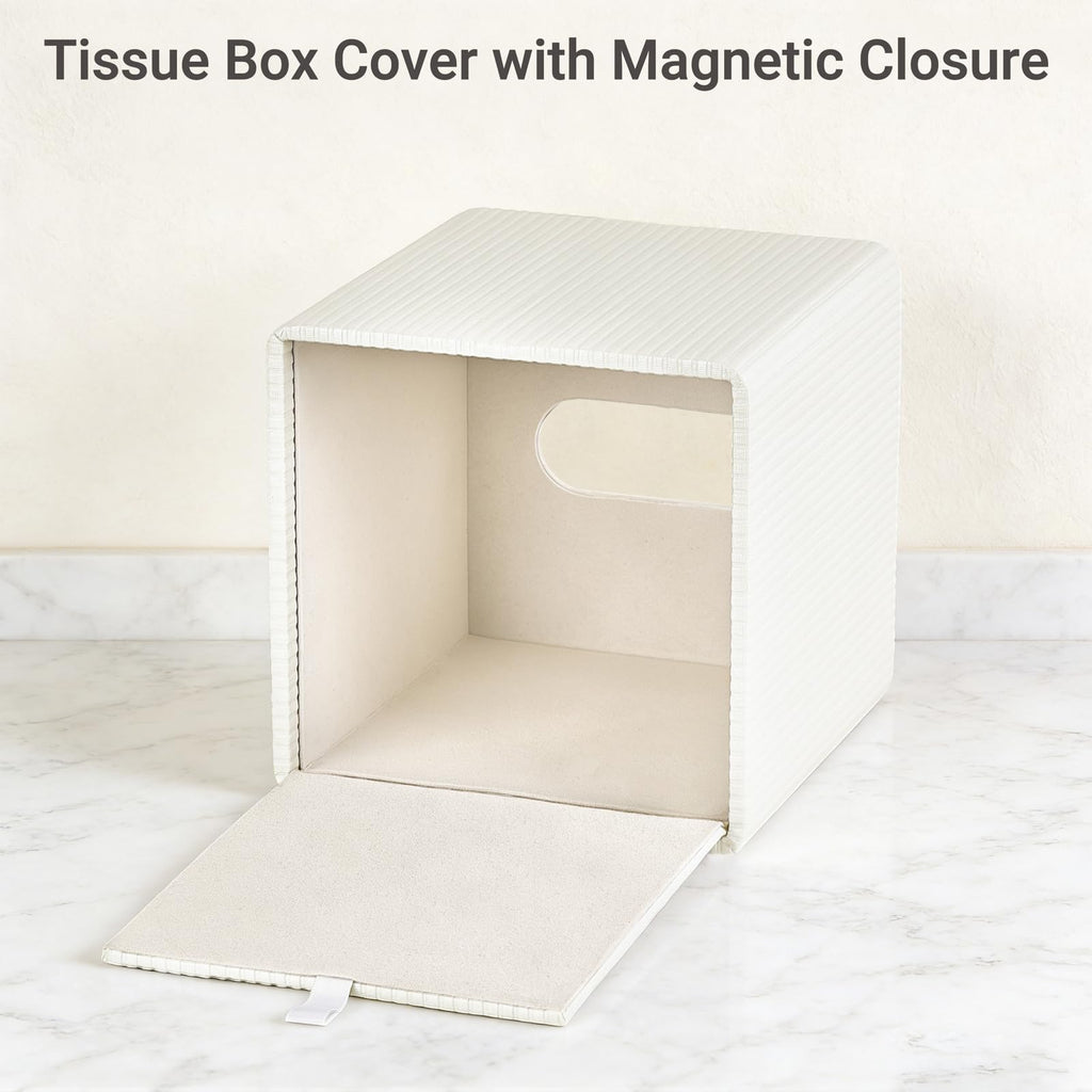 Mkono Tissue Box Cover, PU Leather Square Holder with Bottom, Beige