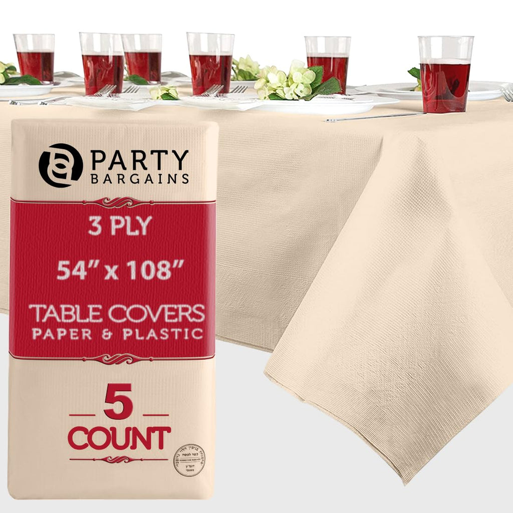 PARTY BARGAINS 5 Disposable Table Covers - 54" X 108" Ivory Table Cover, 3 Ply Paper & Plastic Tablecloth