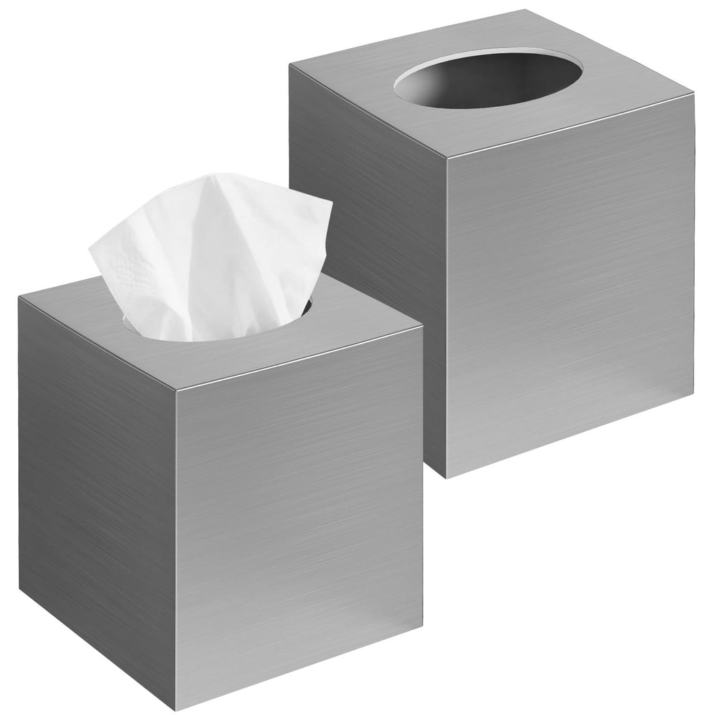 2 Pack Tissue Box Cover, Square Plastic Tissue Holder Non-Slip Base, Sliver
