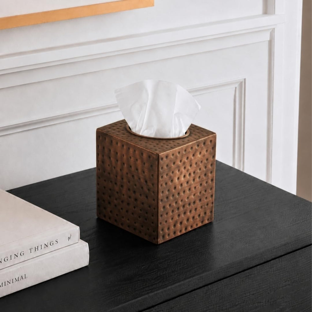 Monarch Abode Tissue Box Cover Square – Hand Hammered Antique Copper Metal Tissue Holder Box for Bathroom Accessory, Aesthetic Decorative Facial Napkin Cube for Modern Home Decor