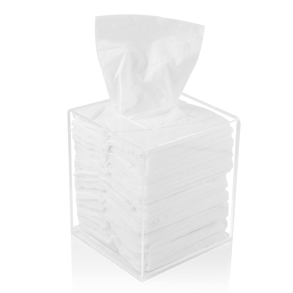 Acrylic Tissue Box Holder, Square Dispenser for Facial Tissues, Napkins, and Dryer Sheets. Perfect for Bathrooms, Desks, Countertops, Vanities, Bedrooms, and Nightstands (Square, Clear)