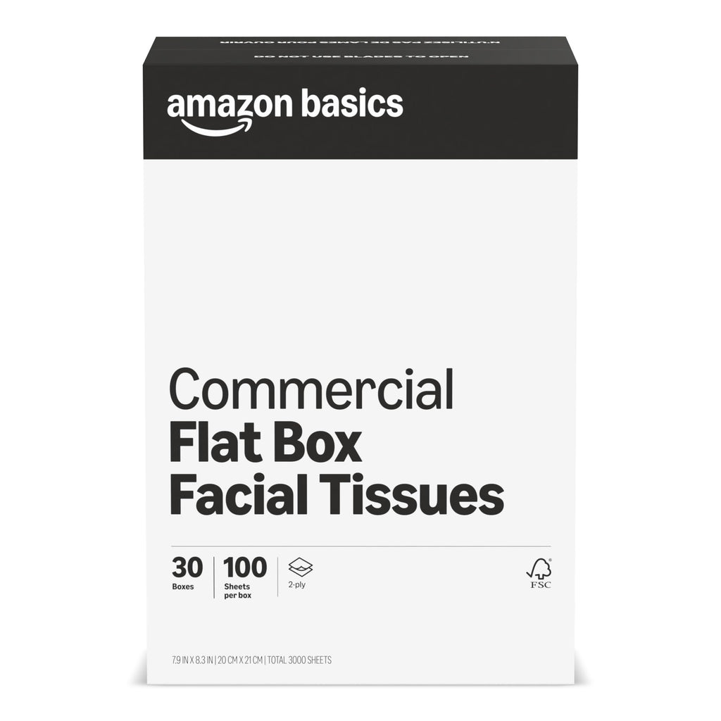 AmazonCommercial 2-Ply White Facial Tissue, Flat Box, FSC Certified, Unscented, 3000 Count (30 Packs of 100), 8 x 8 Sheet