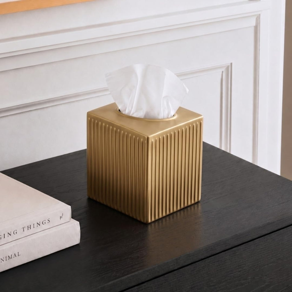 Monarch Abode Tissue Box Cover Square – Handcrafted Ridge Embossed Brushed Gold Metal Tissue Holder Box for Bathroom Accessory, Aesthetic Decorative Facial Napkin Cube for Modern Home Decor
