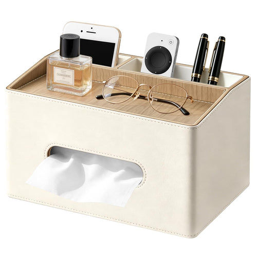 PU Leather Tissue Box Holder Rectangle,Facial Tissue Cover with Tray on Top