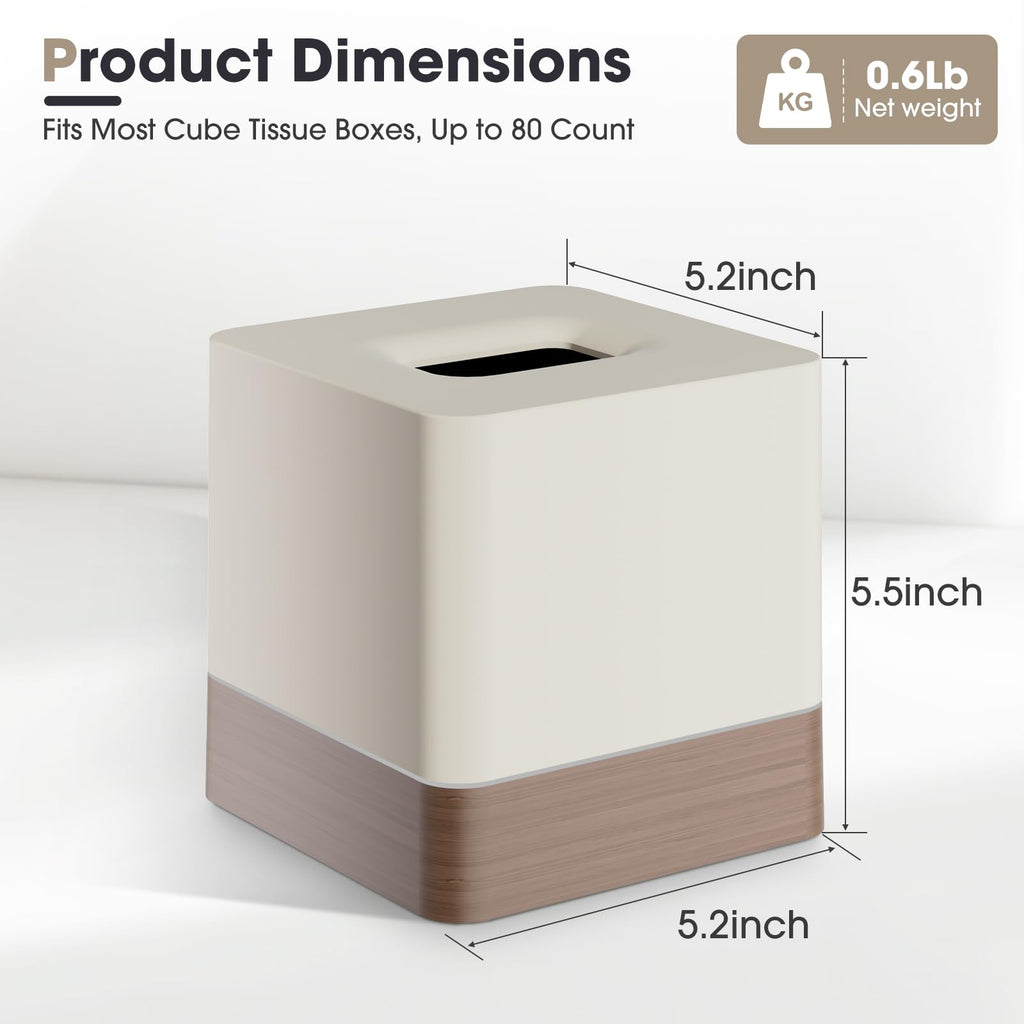 Y-in Hand Square Tissue Box Cover, Facial Cube Tissue Box Holder with Decorative Wood Grain Bottom for Bathroom Vanity, Countertop, Dresser, Nightstand, and Office - Beige