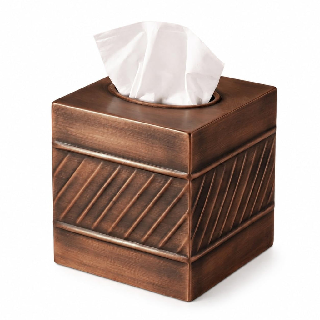 Monarch Abode Tissue Box Cover Square – Handcrafted Wave Embossed Antique Copper Metal Tissue Holder Box for Bathroom Accessory, Aesthetic Decorative Facial Napkin Cube for Modern Home Decor