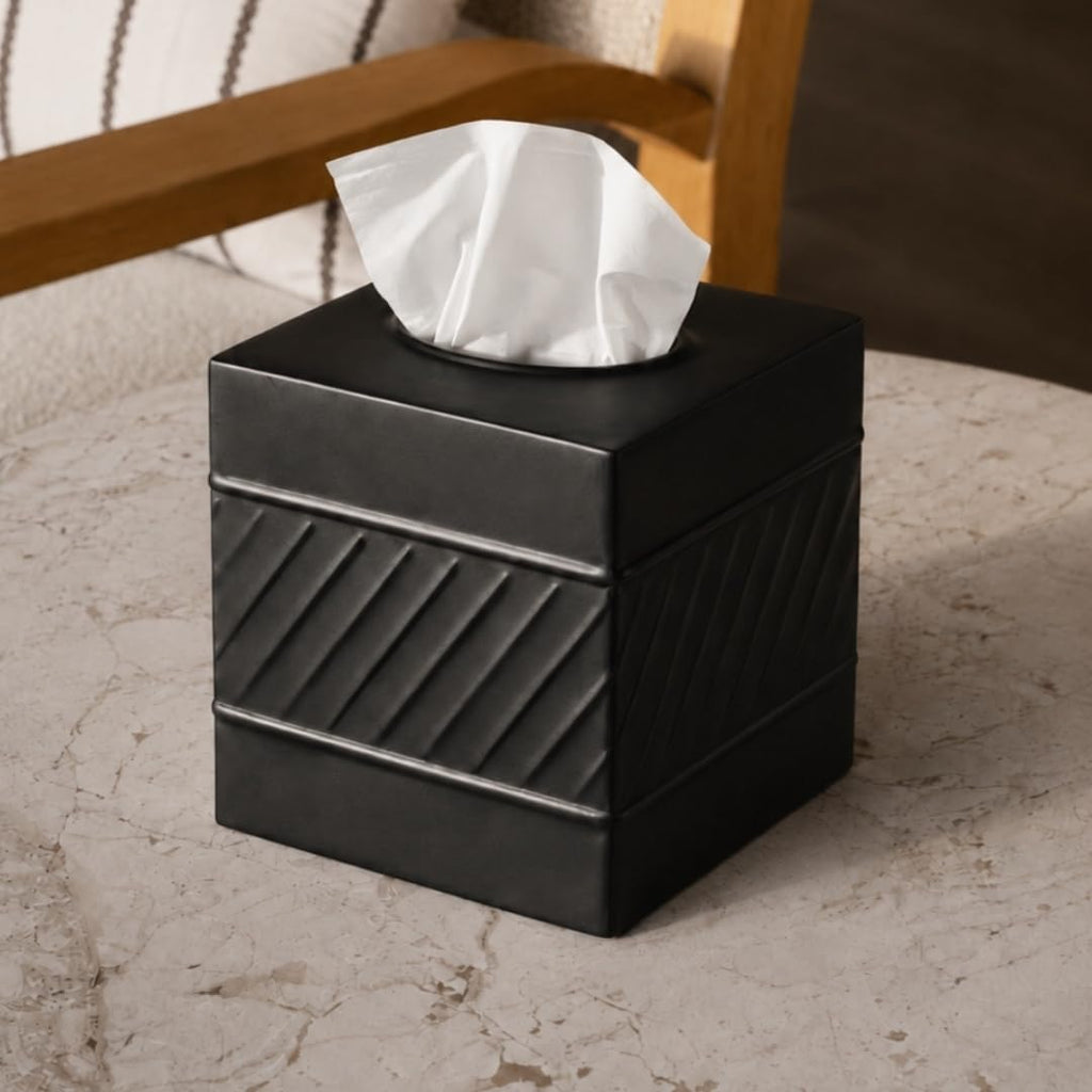 Monarch Abode Tissue Box Cover Square – Handcrafted Wave Embossed Black Metal Tissue Holder Box for Bathroom Accessory, Aesthetic Decorative Facial Napkin Cube for Modern Home Decor