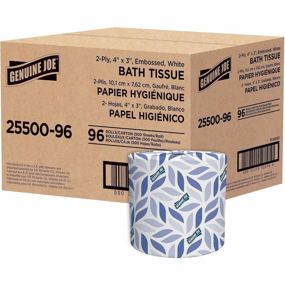 Genuine Joe Standard Bath Tissue, 2-Ply, 3.5" x 4", 500 Sheets, Pack of 96