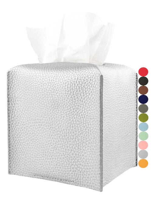 Silver Tissue Box Cover Leather – Square Tissue Box Holder with Bottom Belt by JESMINI, Modern PU Leather Cube Tissue Holder for Bathroom Vanity Countertop/Night Stands/Office