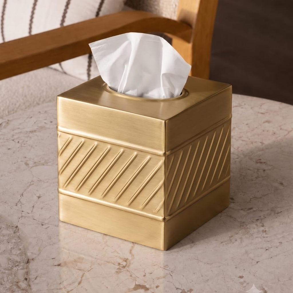 Monarch Abode Tissue Box Cover Square – Handcrafted Wave Embossed Brushed Gold Metal Tissue Holder Box for Bathroom Accessory, Aesthetic Decorative Facial Napkin Cube for Modern Home Decor