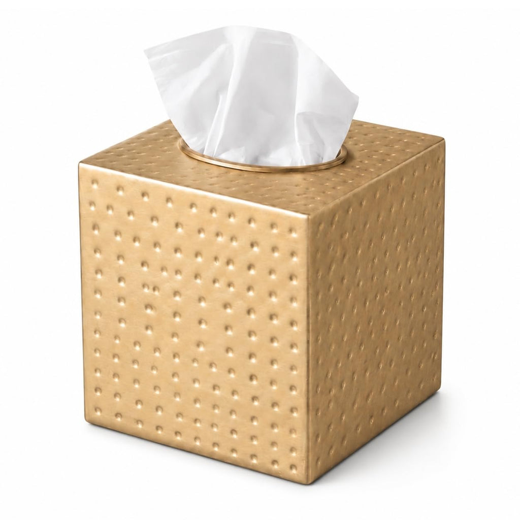 Monarch Abode Tissue Box Cover Square – Hand Hammered Brushed Gold Metal Tissue Holder Box for Bathroom Accessory, Aesthetic Decorative Facial Napkin Cube for Modern Home Decor
