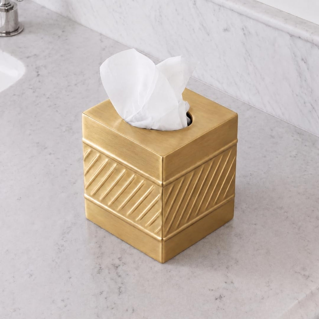 Monarch Abode Tissue Box Cover Square – Handcrafted Wave Embossed Brushed Gold Metal Tissue Holder Box for Bathroom Accessory, Aesthetic Decorative Facial Napkin Cube for Modern Home Decor