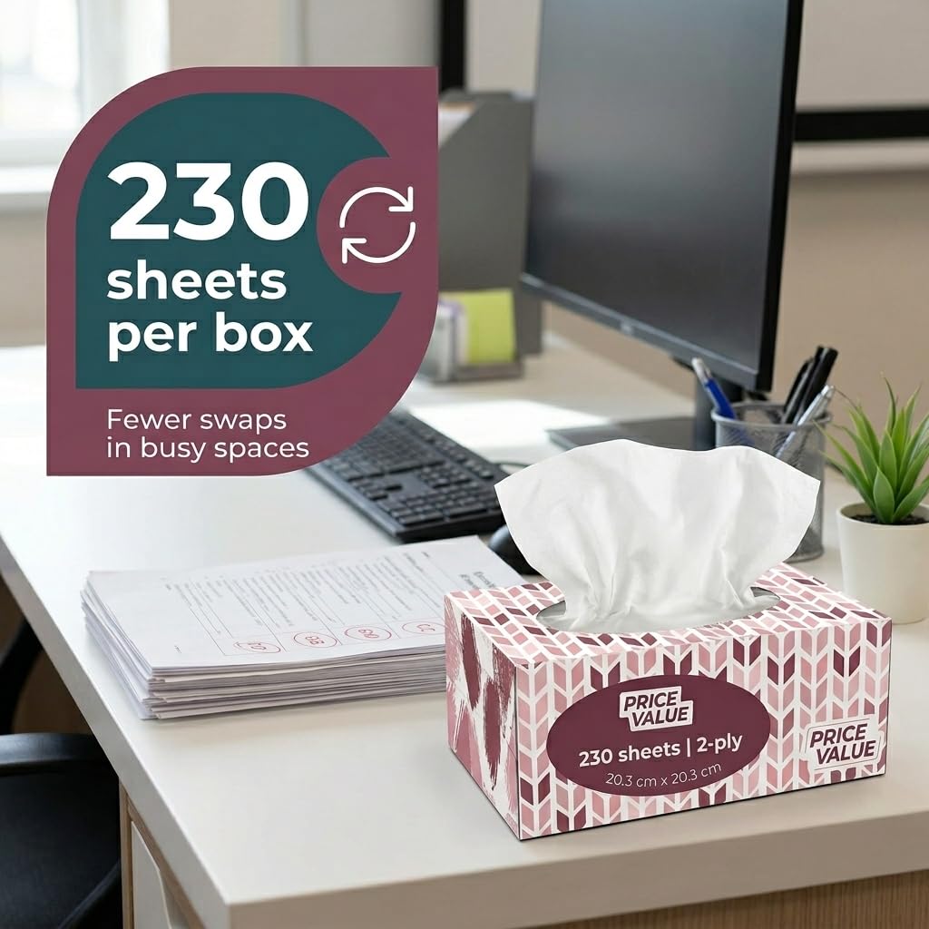 Price Value Facial Tissues, Soft Facial Tissue - 8 Boxes, 230 Sheets Per Box (1,840 Total Sheets), Gentle & Durable Tissue Boxes Bulk for Home, Office & Travel (Pack of 2)
