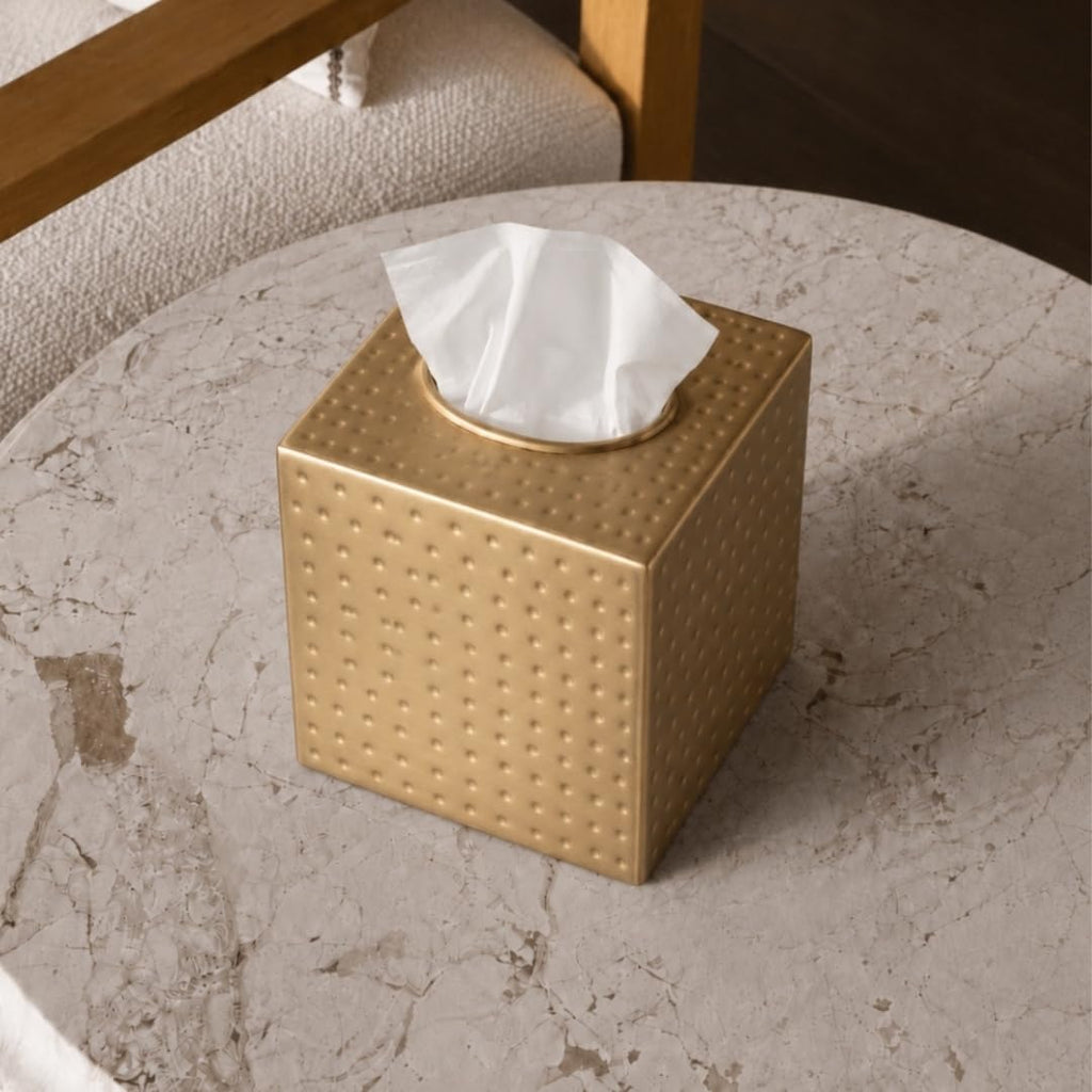 Monarch Abode Tissue Box Cover Square – Hand Hammered Brushed Gold Metal Tissue Holder Box for Bathroom Accessory, Aesthetic Decorative Facial Napkin Cube for Modern Home Decor