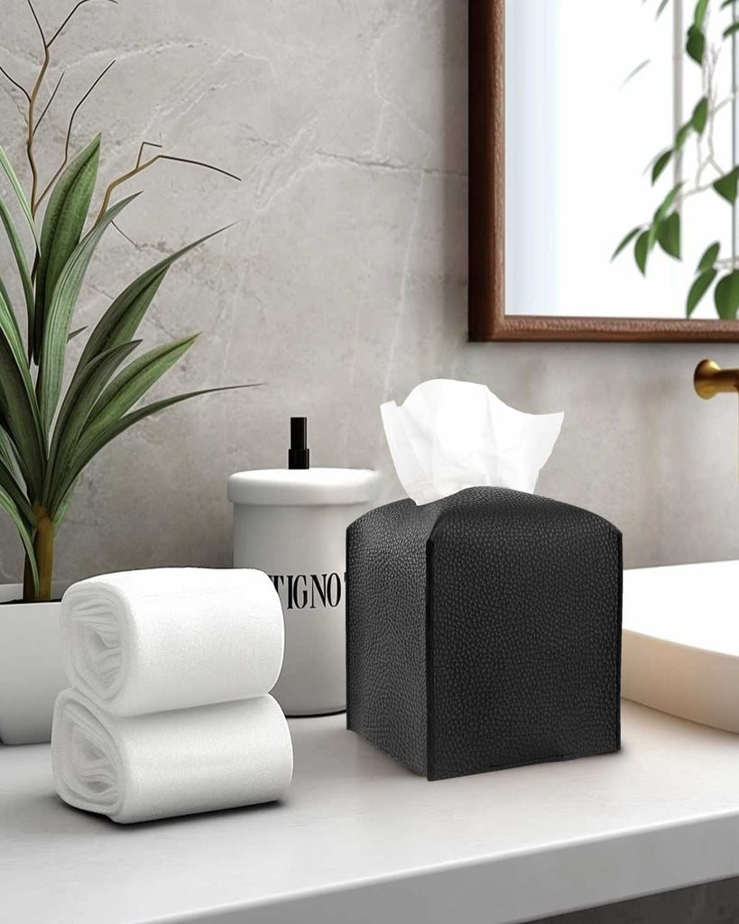 Leather Tissue Box Cover Square – Tissue Holder with Bottom Belt [JESMINI, Black] Aesthetic PU Leather Tissue Box Holder Decorative for Bathroom, Home Office Decor