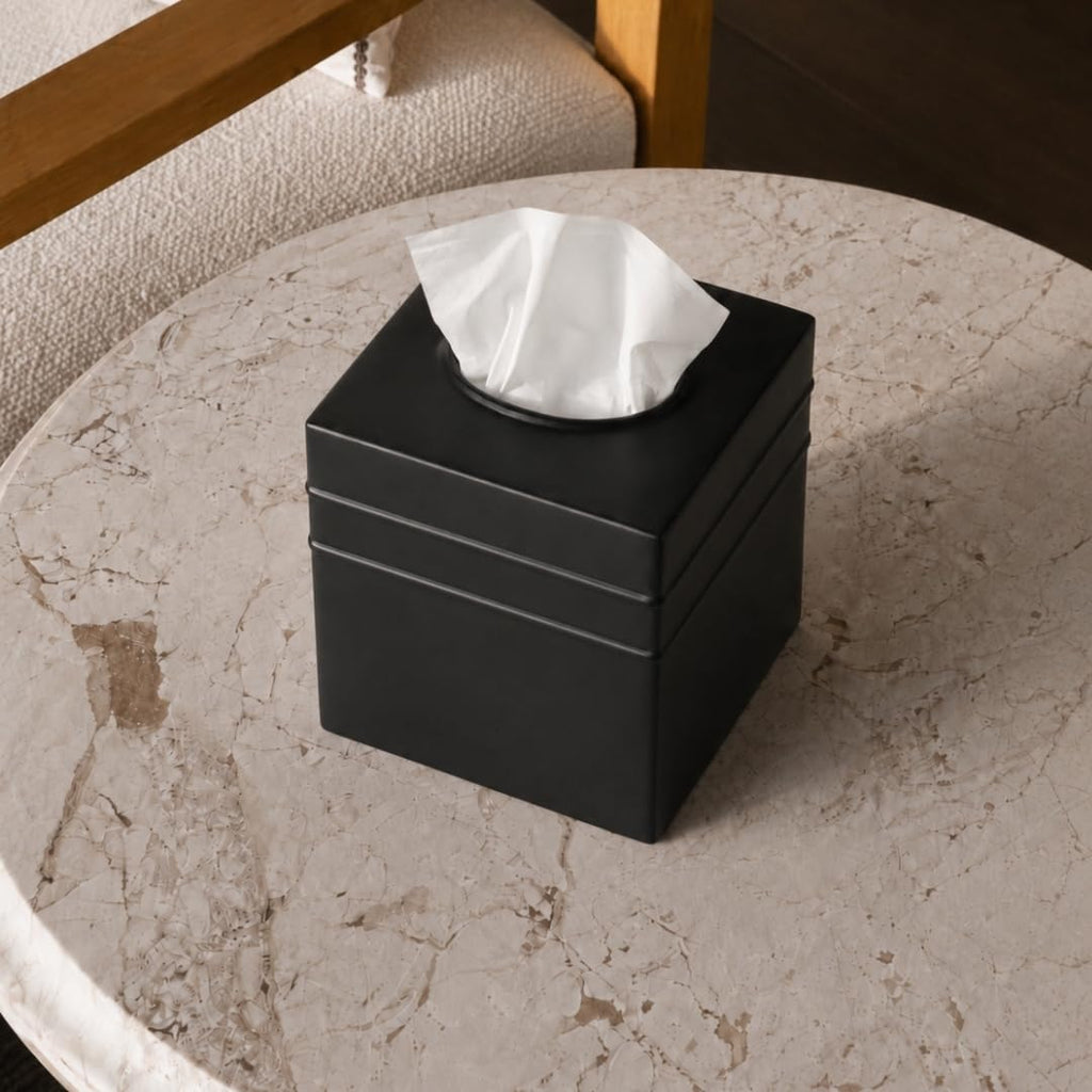 Monarch Abode Tissue Box Cover Square – Handcrafted Border Embossed Black Metal Tissue Holder Box for Bathroom Accessory, Aesthetic Decorative Facial Napkin Cube for Modern Home Decor