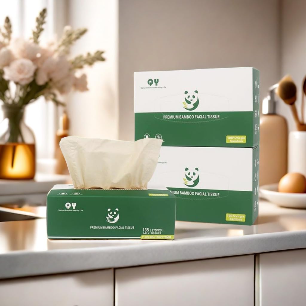 QingYa Unbleached Bamboo Facial Tissues 2 ply - 12 Boxes of 100% Natural, Hypoallergenic, 134 Sheets per Box, FSC Certified, Eco - Friendly, Ultra - Soft & Gentle for Everyday Home and Office Use
