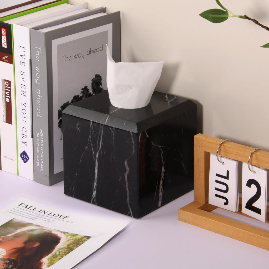 Natural Marble Square Tissue Box Cover ,Stone Modern Decorative Sturdy Napkin Box Holder Case,Facial Paper Organizer for Bathroom Vanity Toilet Countertop,Kitchen (1, Black Marquina, 5.71*5.71*5.51)
