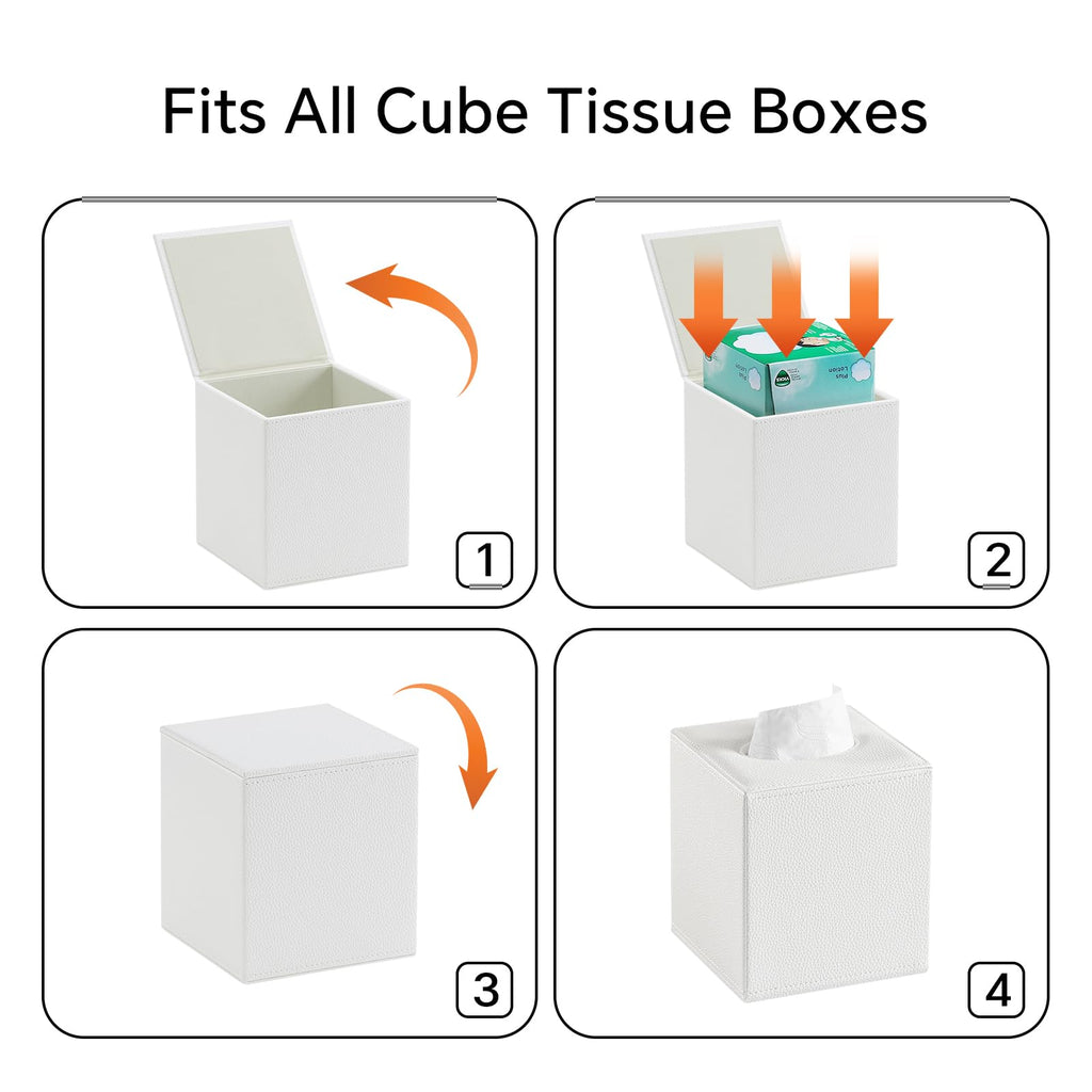 JLAMBOM PU Leather Tissue Box Cover Square Tissue Box Holder (White)